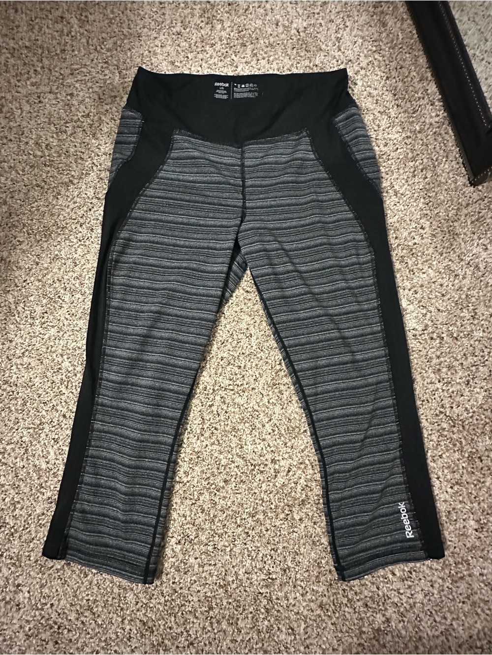 Reebok Black and Gray Striped Cropped Leggings